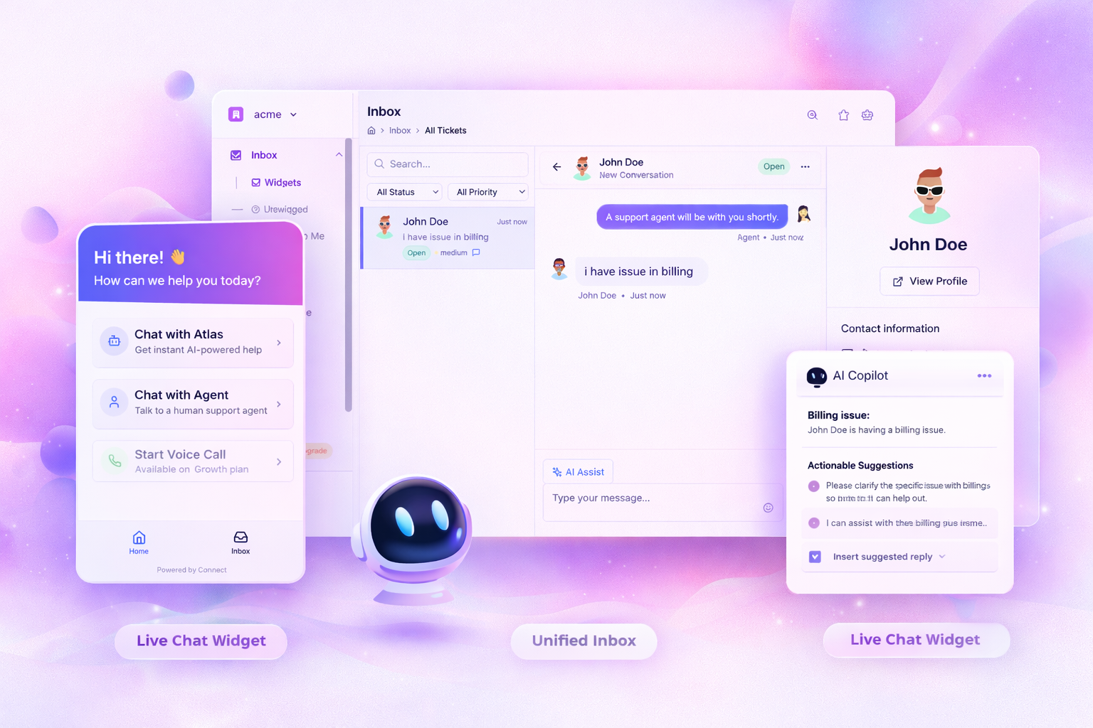 Connect Dashboard — Unified inbox with AI-powered support